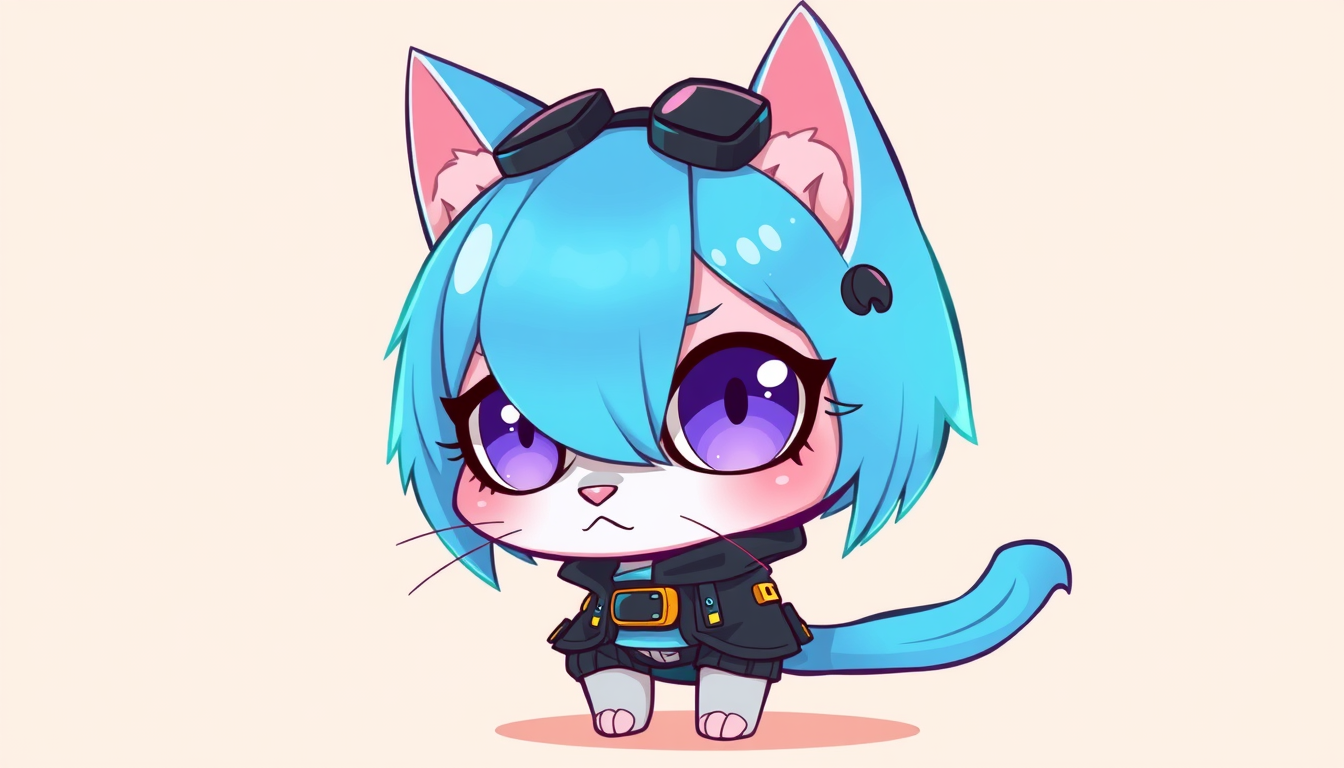Chibi idea: chibi character, cute oversized head, small body, soft cel shading, Cabello azul petróleo con mechones verde neón. 💜 Ojos degradados lila y rosa. 🖤