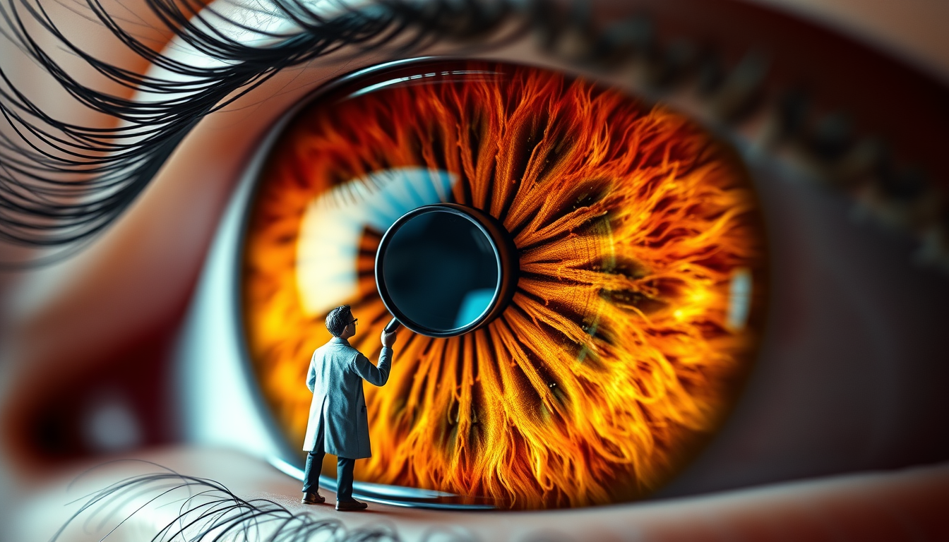 Main art studio: ​Cinematic photo, a tiny miniature doctor standing in front of a giant hyper-realistic human iris, examining the intricate colorful fiber patterns wit