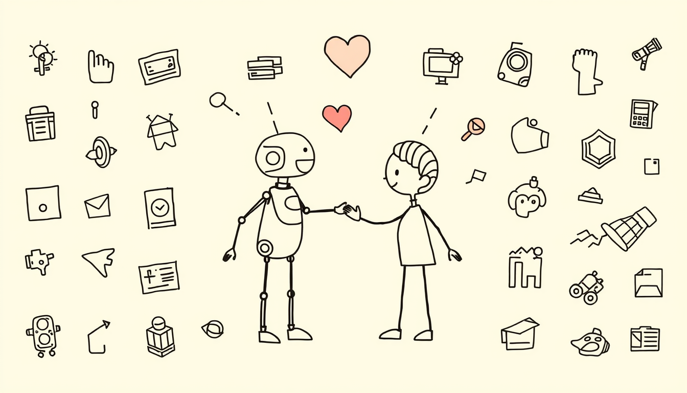 Doodle idea created from the prompt: casual hand-drawn line art built from simple icons, repeated marks, and playful spacing, deliberate composition, doodle of AI and human rela