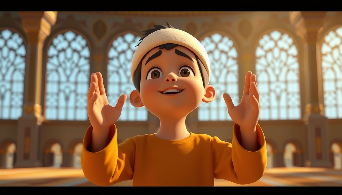 Main art studio: The same boy making dua after Salah, hands raised, emotional peaceful expression, beautiful mosque interior, soft golden light, 3D animated cartoon mo