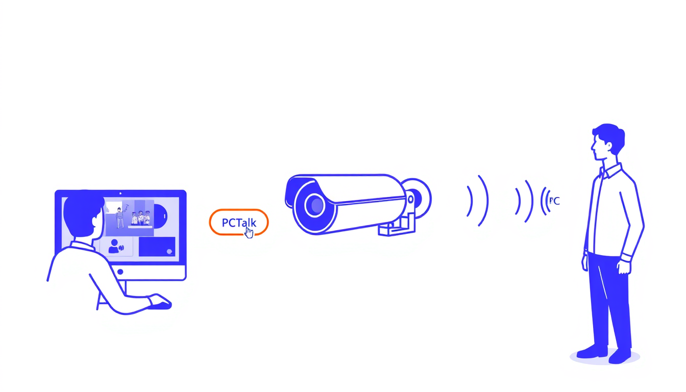 Main art studio: Create a clean 2D workflow for an NVR Camera Talk feature. Left: one person sitting at a PC, viewing the camera feed and clicking a highlighted “Talk”