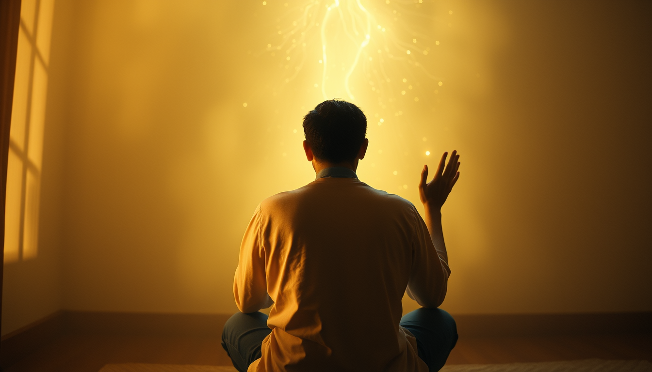 Main art studio: Prompt: A surreal, profound, and cinematic conceptual art piece. A person is sitting in quiet, humble prayer with hands raised, surrounded by a subtle