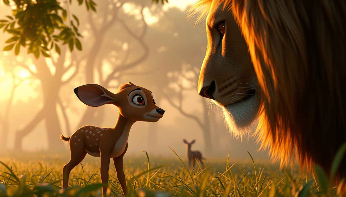 Main art studio: Vertical 9:16, close-up of a small young deer in a dense Indian jungle at sunrise, looking at a large lion with sad, brave and emotional eyes, a hint