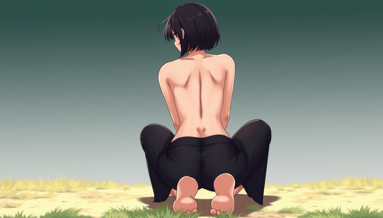 Main art studio: a anime women in her 20's wearing a black trouser and nothing on top part of body, she has black hair, i want a rier view from behind ass centered tow