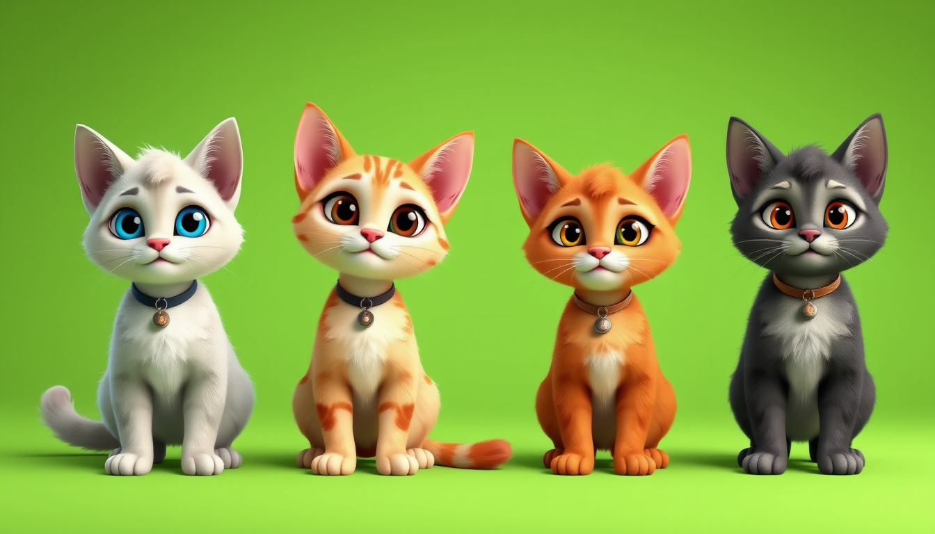 Main art studio: Four different cute cats in a Pixar-style 3D cartoon look, standing together on a solid bright green background. No shadows, no collars, no necklaces,