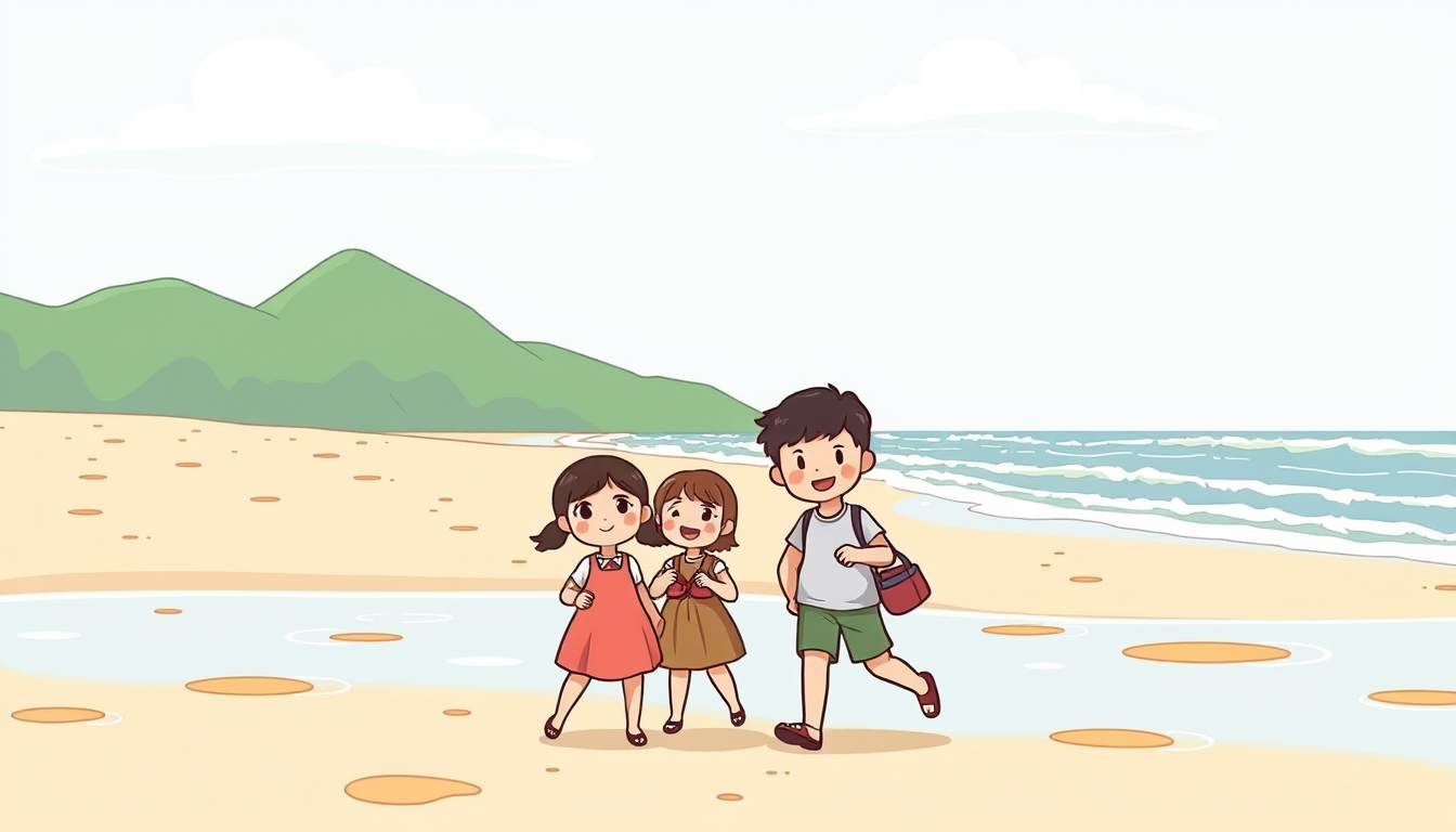 Main art studio: Transform the Muchangpo Beach photo into a cute Japanese family animation style illustration. Keep the original seaside landscape, waves, sand, and ti