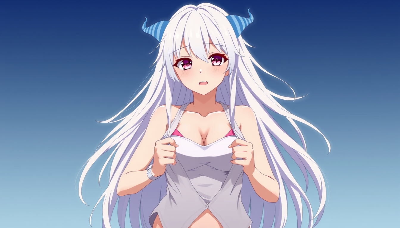Main art studio: a anime women in her mid 20's with long white hair and some blue horns looking things behind her ears. she has red magenta eyes a lil blush on her che