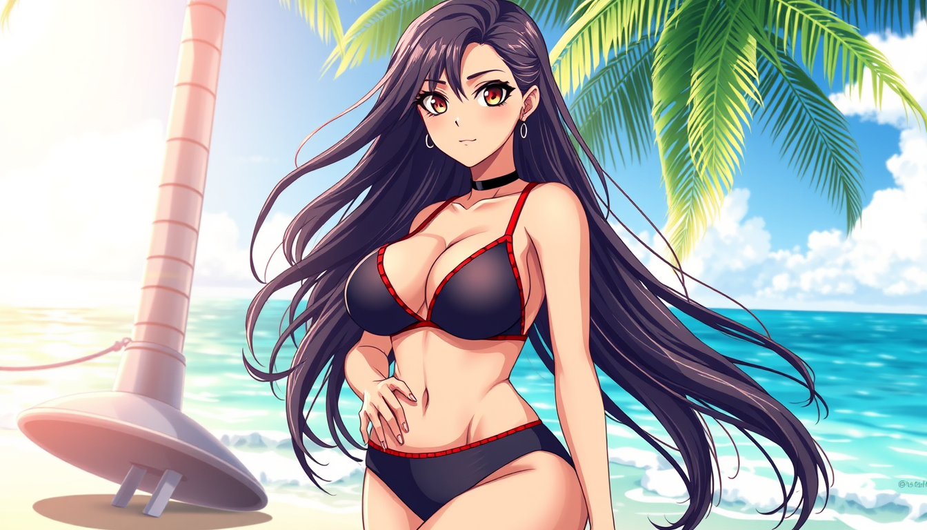Anime idea: anime style, vibrant colors, expressive eyes, Anime-style adult woman, 25 years old, wearing a stylish two-piece swimsuit, curvy hourglass figure, ful