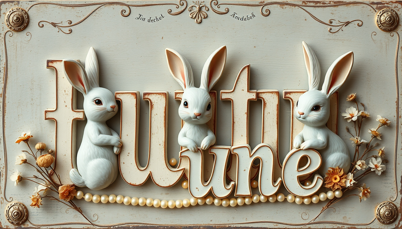 Word Art idea created from the prompt: decorative word art, stylized typography, artistic lettering, Vintage surrealist fairy-tale assemblage, three whimsical white rabbit charact