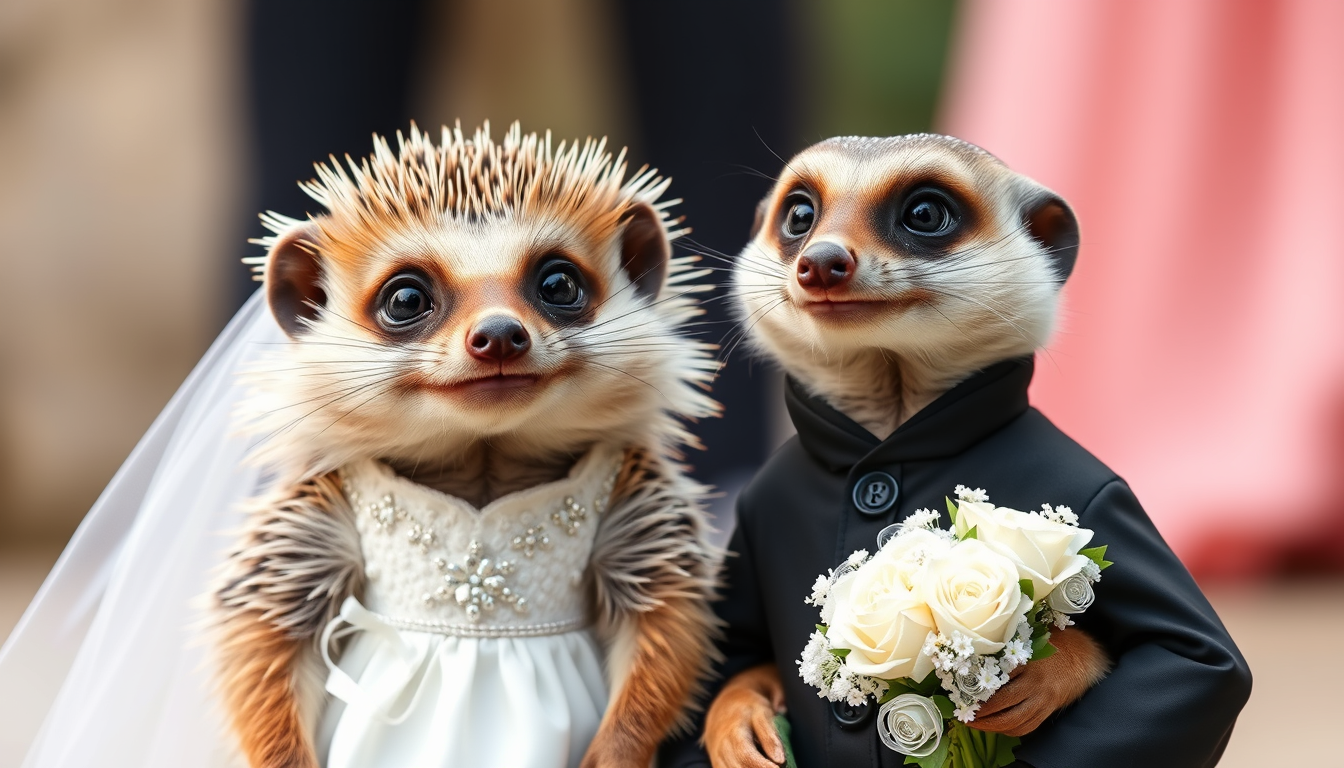 Main art studio: A wedding picture featuring a male hedgehog and a female meerkat. full view, standing, smile. male hedgehog with black clothe. female meerkat with whi