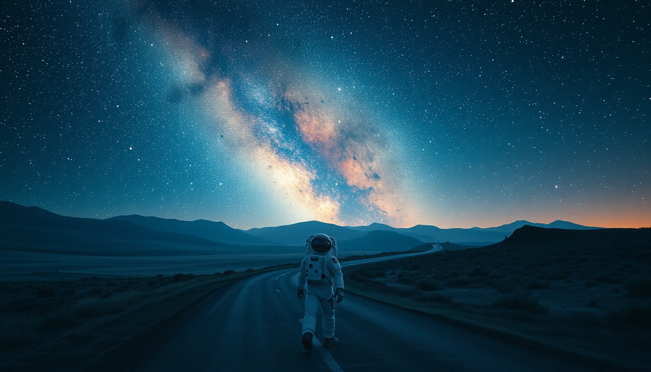 Main art studio: Um astronauta solitário em uma paisagem silenciosa sob um céu noturno profundamente estrelado. O céu e o chão se fundem em uma ilusão surreal: constel