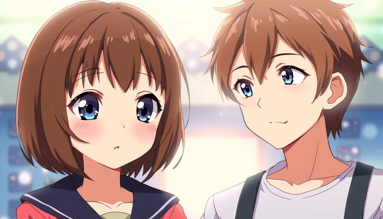 Main art studio: and girl with brunette short 2a hair and blue eyes standing in front and looking at a guy with brunette hair and blue eyes in an anime/animated style