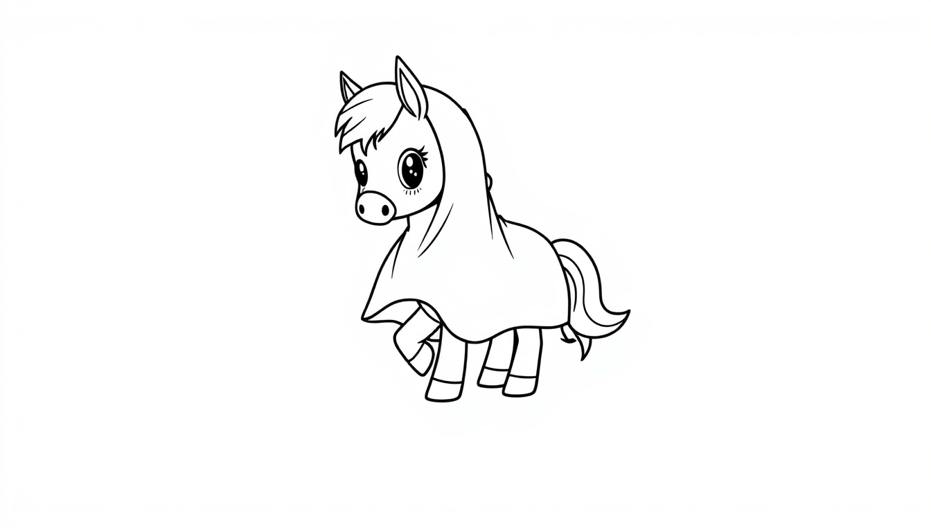 AI Coloring Page idea created from the prompt: black-and-white coloring page, bold clean outlines, large enclosed areas, no shading, Cute small pony wearing a loose ghost-sheet costume. F