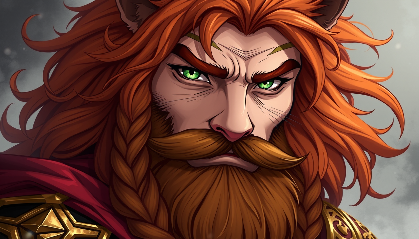 Main art studio: D&D, dwarven, cleric, werelion, green eyes, only cat ears, human features, Auburn hair full mane, Long braided beard. black, red, and gold clothing co