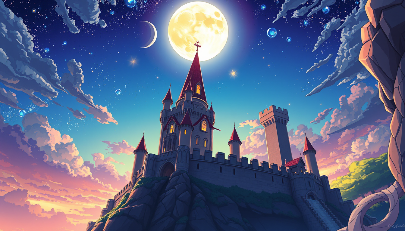 Anime idea: anime style, vibrant colors, expressive eyes, Una ninha llego al castillo y con una enorme luna brillante , detailed anime illustration
