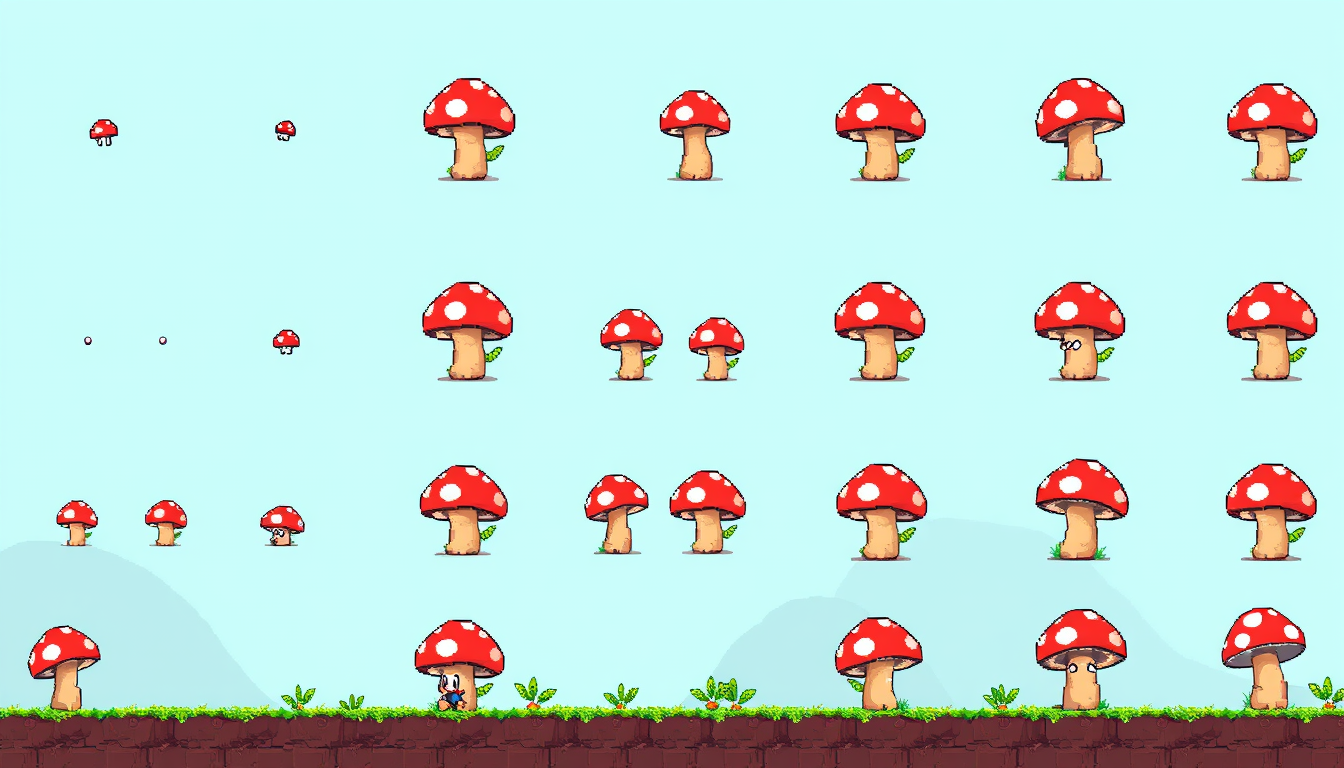 Pixel Art idea created from the prompt: pixel art style, 16-bit, retro game art, Red mushroom monster sprite sheet of idle, walk, attack, hit, in grid, all animation is in a sequen