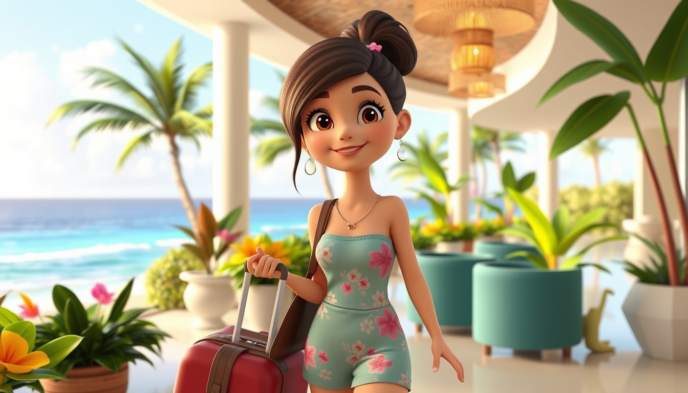 Main art studio: Scene 2: Chloe checking into a beautiful Hawaiian resort, carrying luggage, stylish lobby, tropical flowers, ocean views, cute 3D cartoon movie style