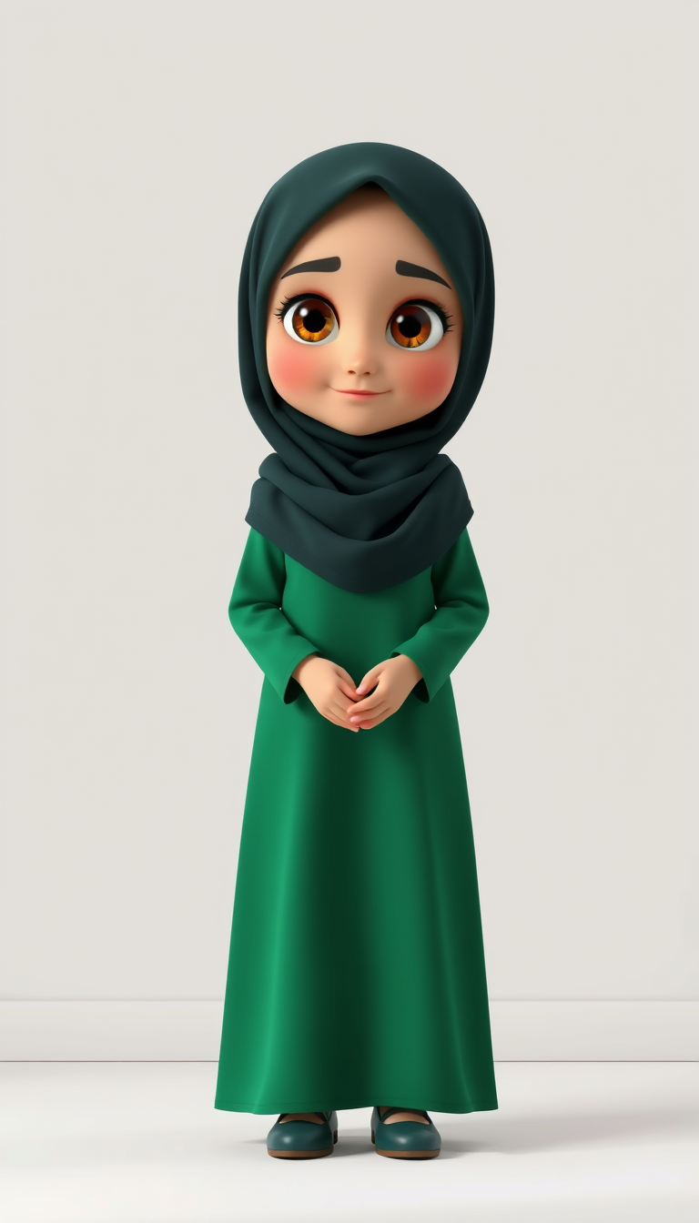 AI Art prompt example created from the prompt: Full body shot of a 3D animated woman in Pixar style, with big expressive eyes, wearing a dark green hijab covering her head completely, and
