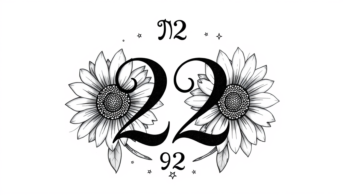 Main art studio: Tattoo design featuring the number “22” as the central focal point, elegantly intertwined with two delicate sunflowers and the Pisces zodiac symbol. C