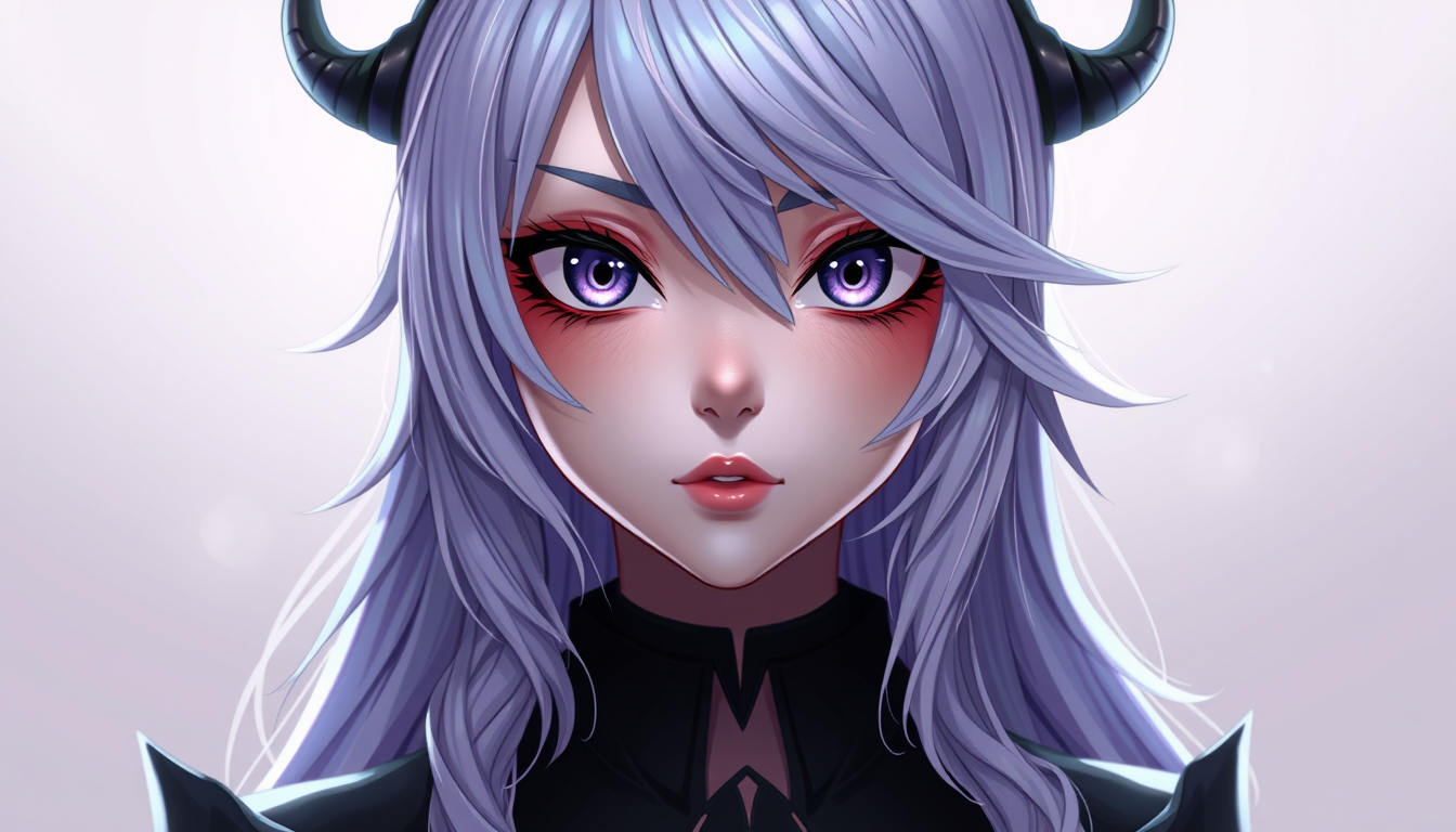 VTuber Avatars idea: vtuber avatar, anime style bust, expressive eyes, streaming overlay ready, Dark-Fantasy-VTuber, silbernes Haar, lila Akzente, Hörner , clean vtuber ch