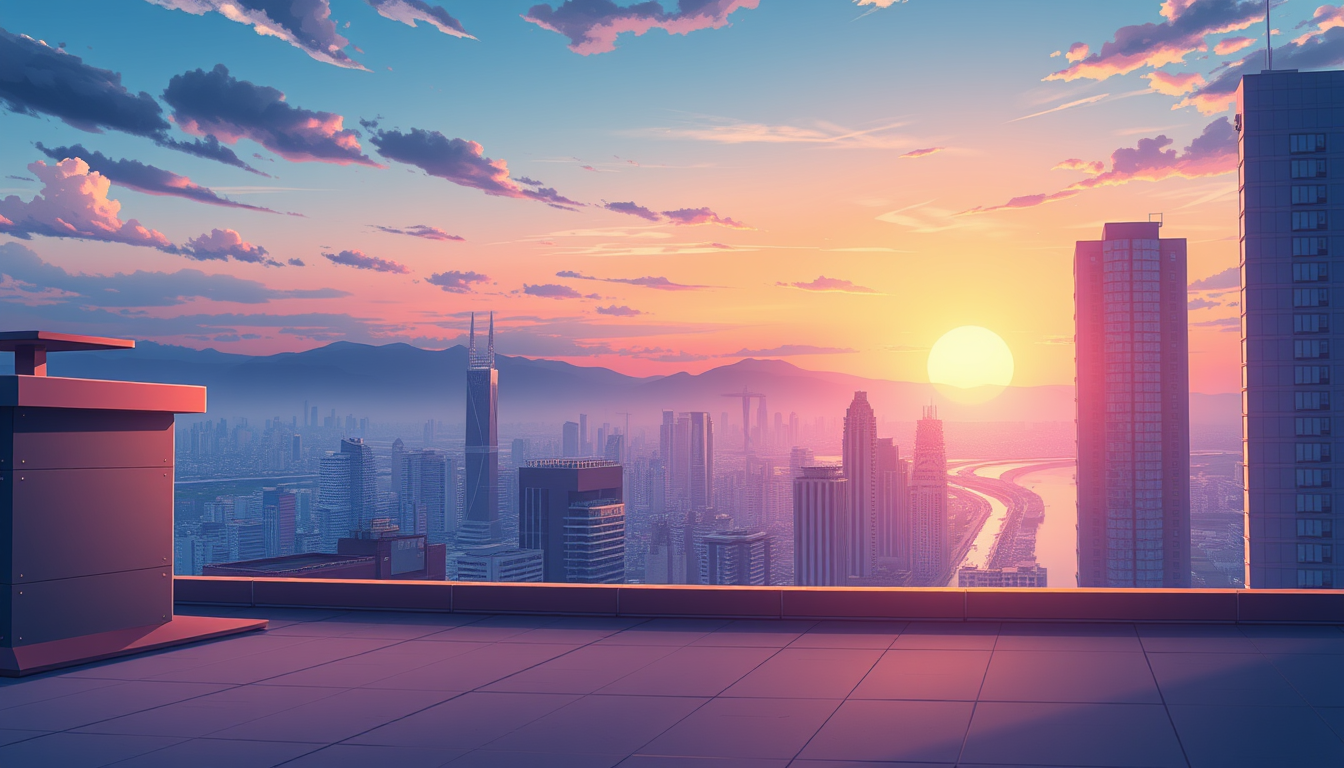 Anime idea: anime style, vibrant colors, expressive eyes, Anime visual novel background, modern South Korean rooftop, Busan city skyline, Haeundae, large skyscrap