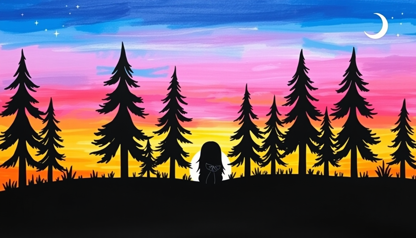 Main art studio: A simple colourful painted forest at sunset, suitable for a 10-year-old student to recreate. A bright sky blending blue, purple, pink, orange and yell