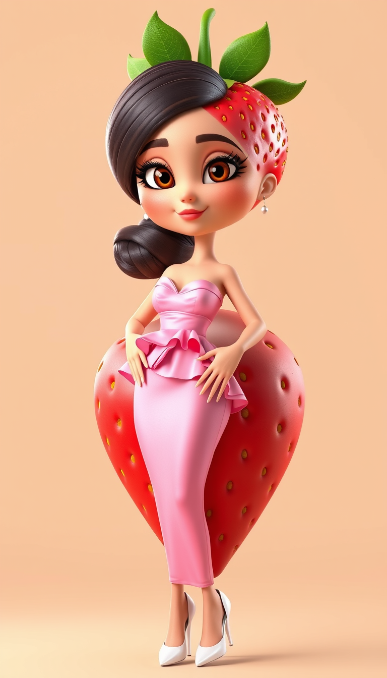 Main art studio: Escritura Glamorous adult female strawberry character, premium 3D animated telenovela style, balanced adult proportions, medium-sized strawberry head,