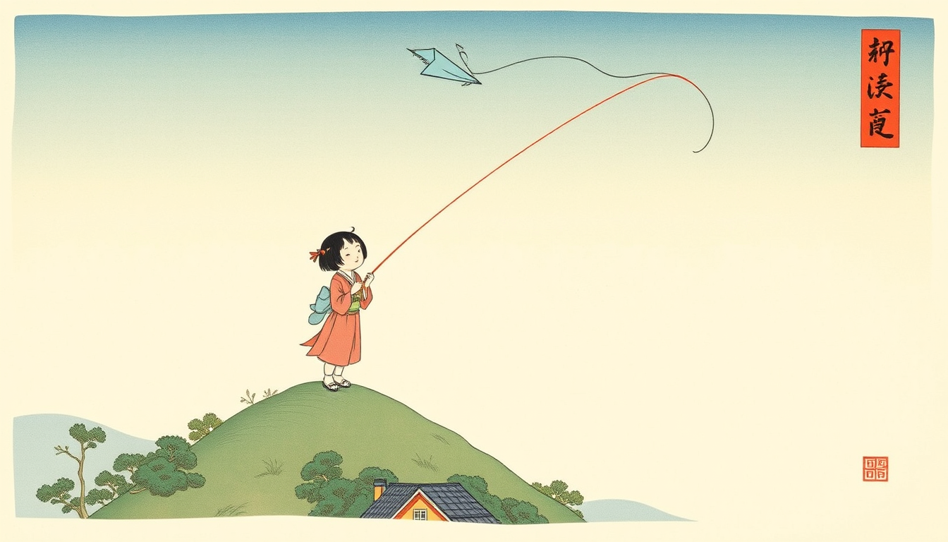 Main art studio: Little Japanese girl in a long kimono is standing on the top of a hill above her home, and the light blue kite she is flying is sprouting wings and tu
