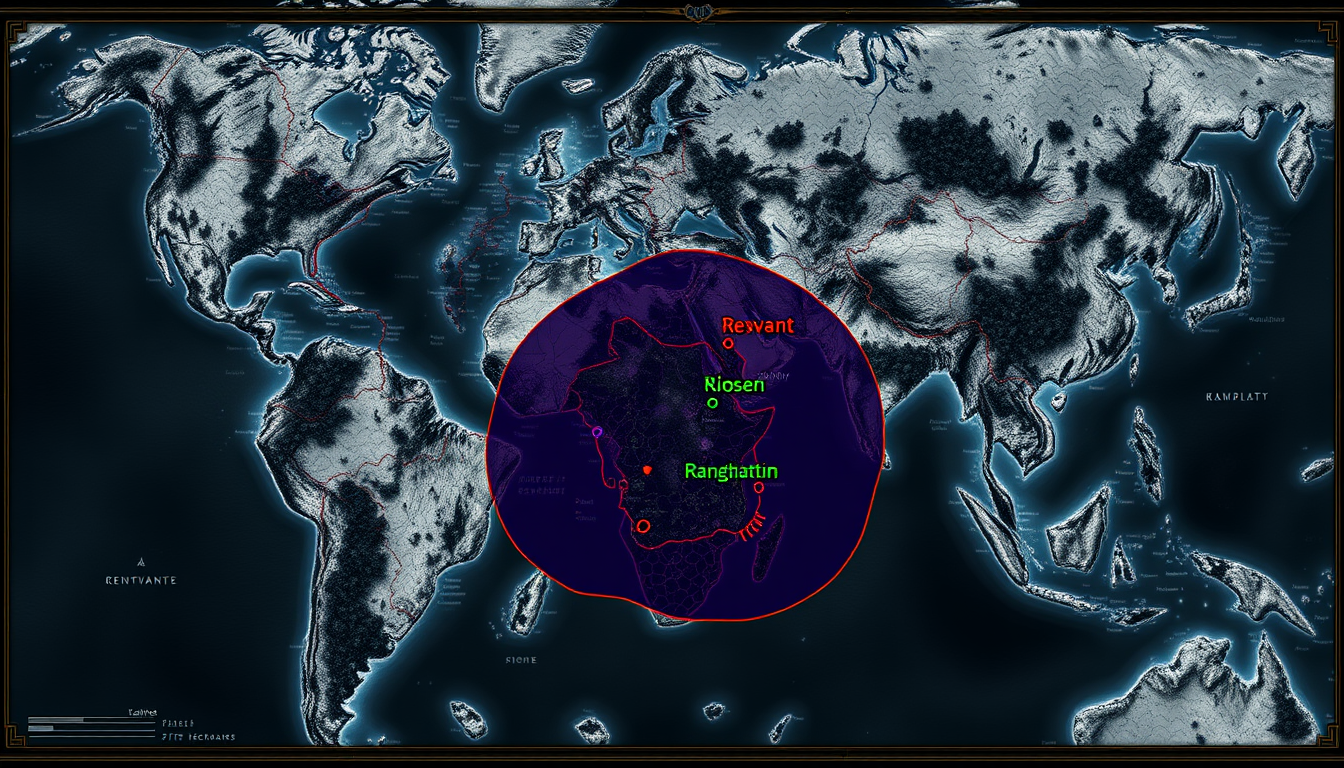 Fantasy Maps idea: a readable fictional world map with coherent coastlines, terrain regions, routes, and landmarks, deliberate composition, A grimdark alien planet calle