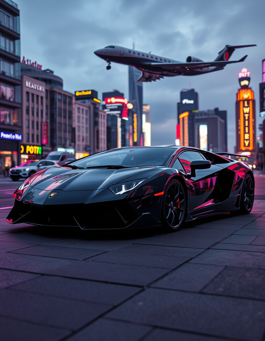 Main art studio: ein cooles bild mit neon effekten und ein schwarzer lamborgihni in einer gross stadt oben noch ein privat jet sehr viel geld auf dem boden