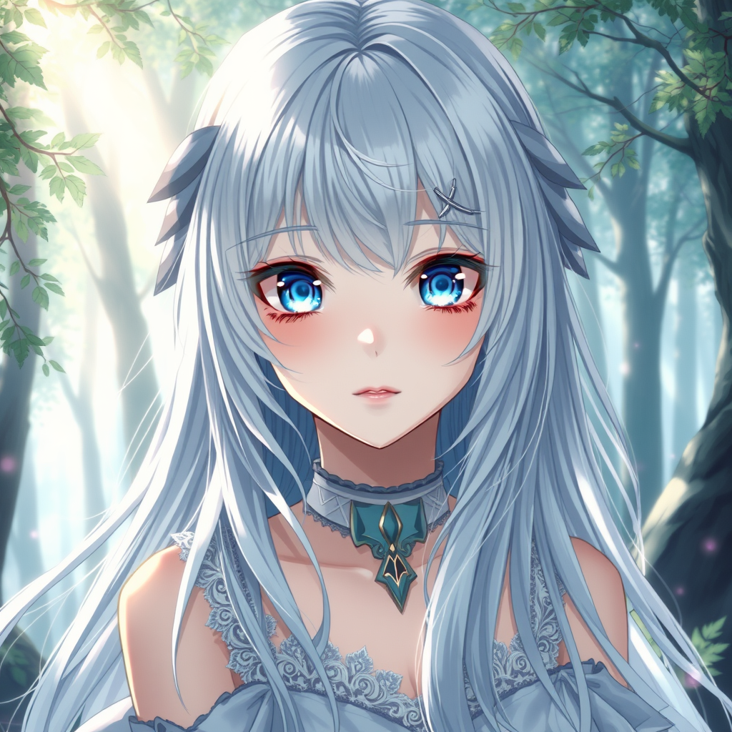 AI Art prompt example created from the prompt: beautiful anime girl, silver hair, blue eyes, fantasy forest, soft lighting, masterpiece, highly detailed