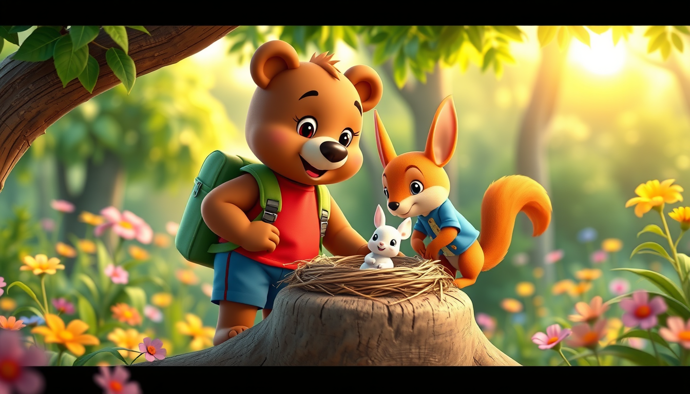 Main art studio: 3D animated children's cartoon. Bruno, a cute brown bear wearing a red T-shirt, blue shorts, and green backpack, Benny, a small white rabbit in a blue