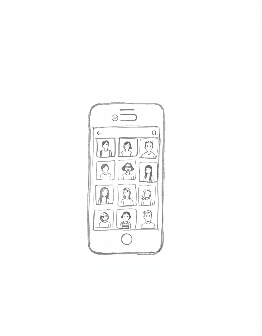 Main art studio: Minimalist black and white pencil sketch of a single smartphone showing a gallery filled with several small saved photos from the same person. In the