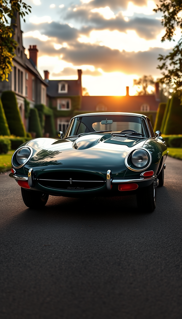 Main art studio: Ultra-realistic 4K vertical mobile wallpaper of a magnificent 1961 Jaguar E-Type Series 1, deep British racing green paint, long sculpted bonnet, eleg