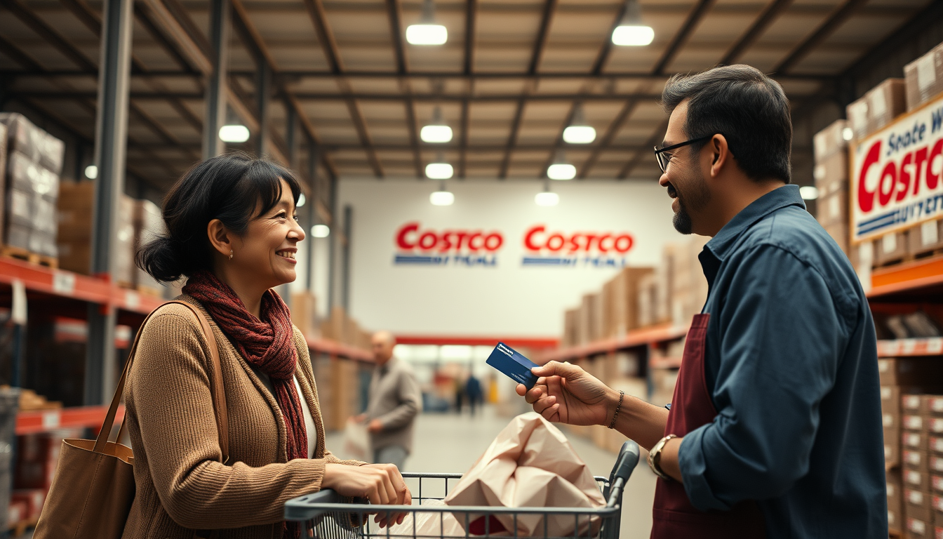 Main art studio: Cinematic realistic scene inside a modern Costco warehouse, a loyal family shopping together with a Costco membership card, friendly Costco employee g