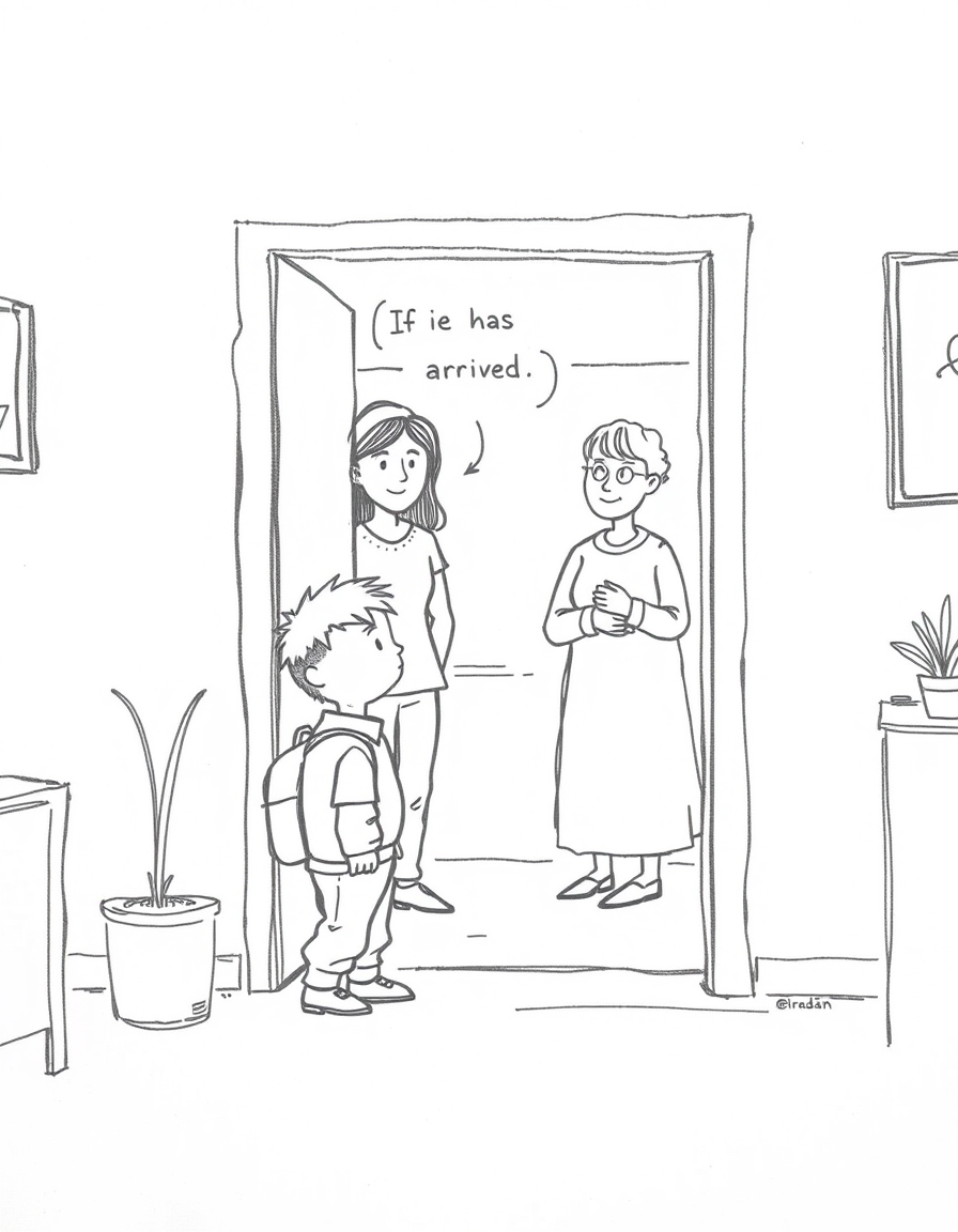 Main art studio: A simple black-and-white pencil sketch, like a child casually drew it. A little boy has just entered his home and stands in the doorway with his backp