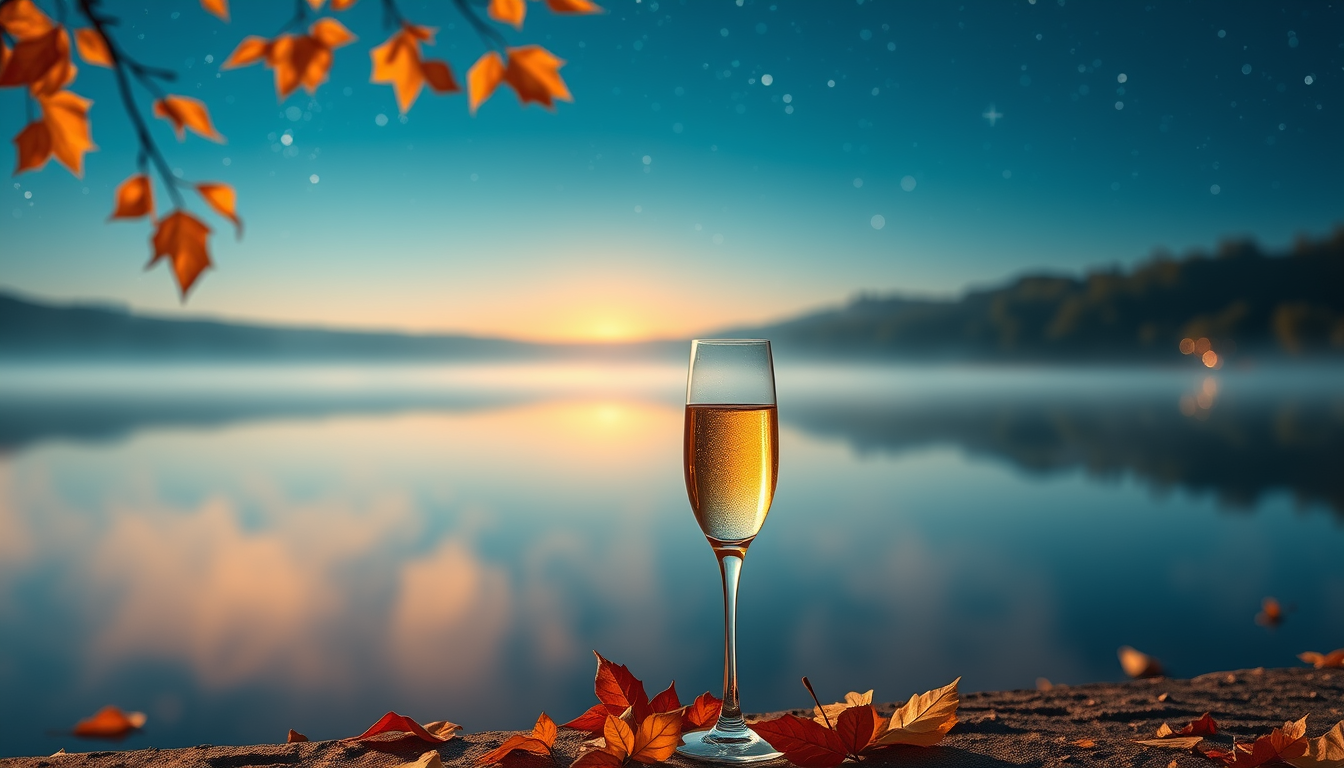 Main art studio: Ultra-photorealistic cinematic photograph of a romantic autumn evening by a tranquil lake, deep blue starry sky reflected in calm water, warm golden s