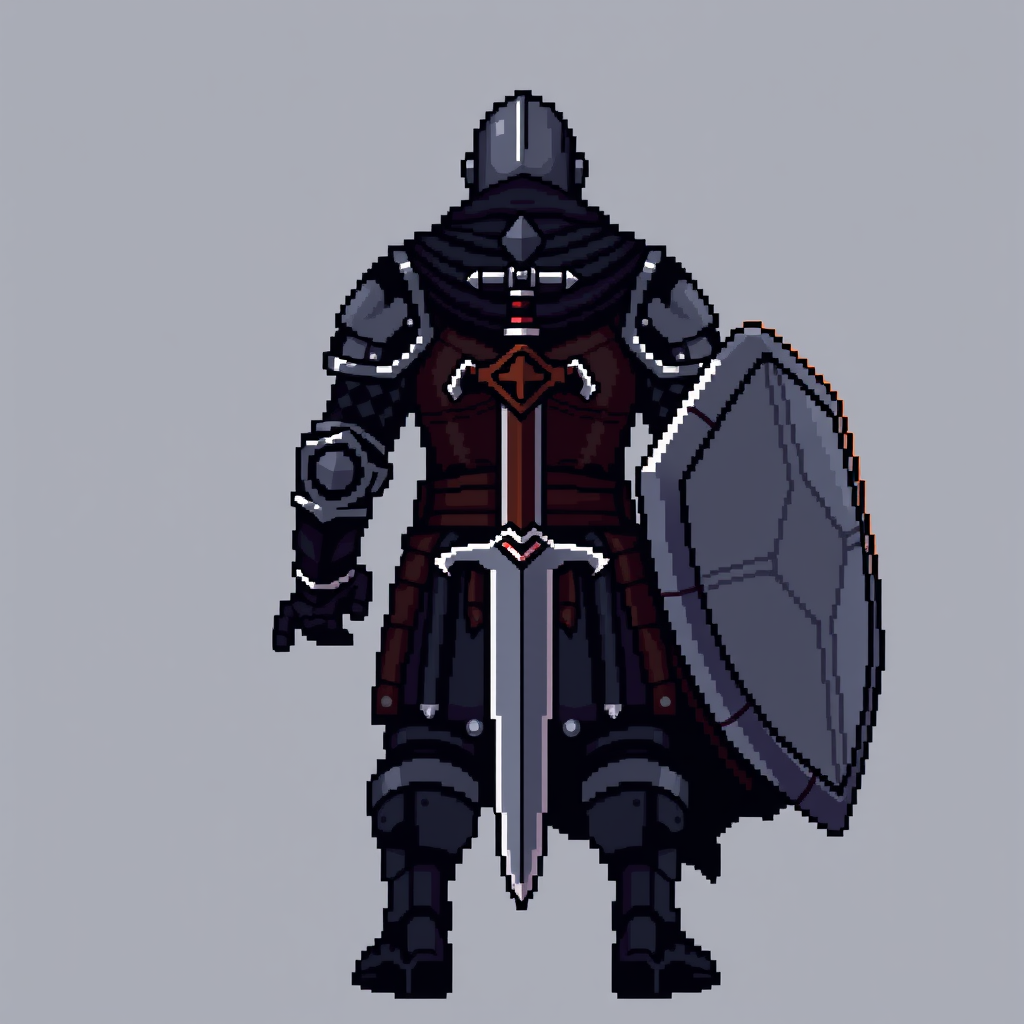 Sprite idea created from the prompt: pixel art game sprite, clean pixel grid, retro 16-bit palette, Medieval dark fantasy pixel art warrior, full body, STRICT BACK VIEW, facing 