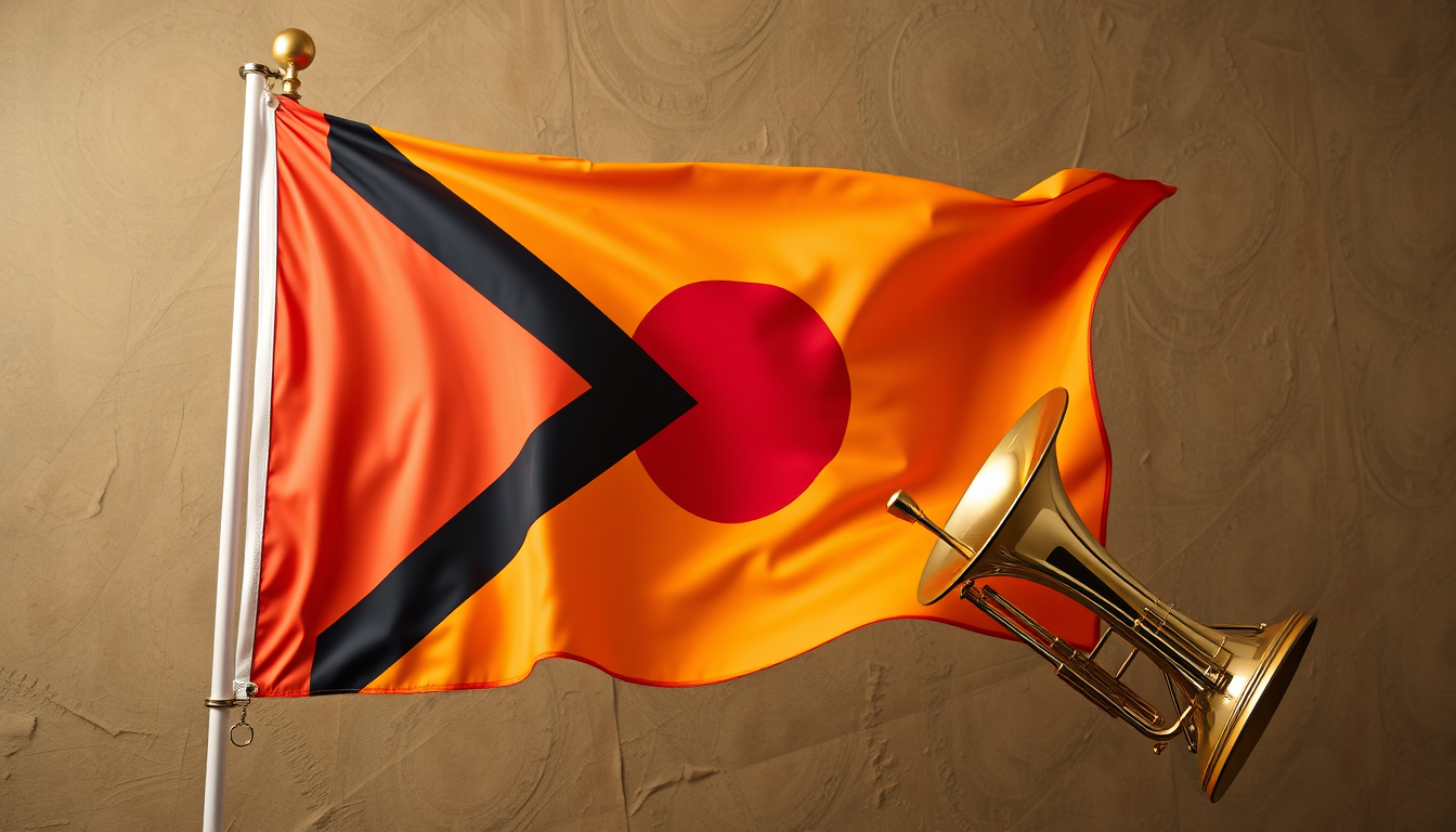 AI Art prompt example created from the prompt: make a flag with a marroon backround and a sazaphone] \