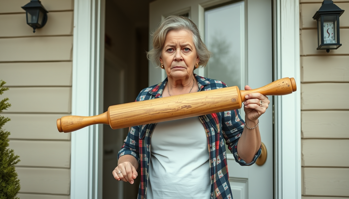Main art studio: crazy wife holding large rolling pin angrily waiting at front door