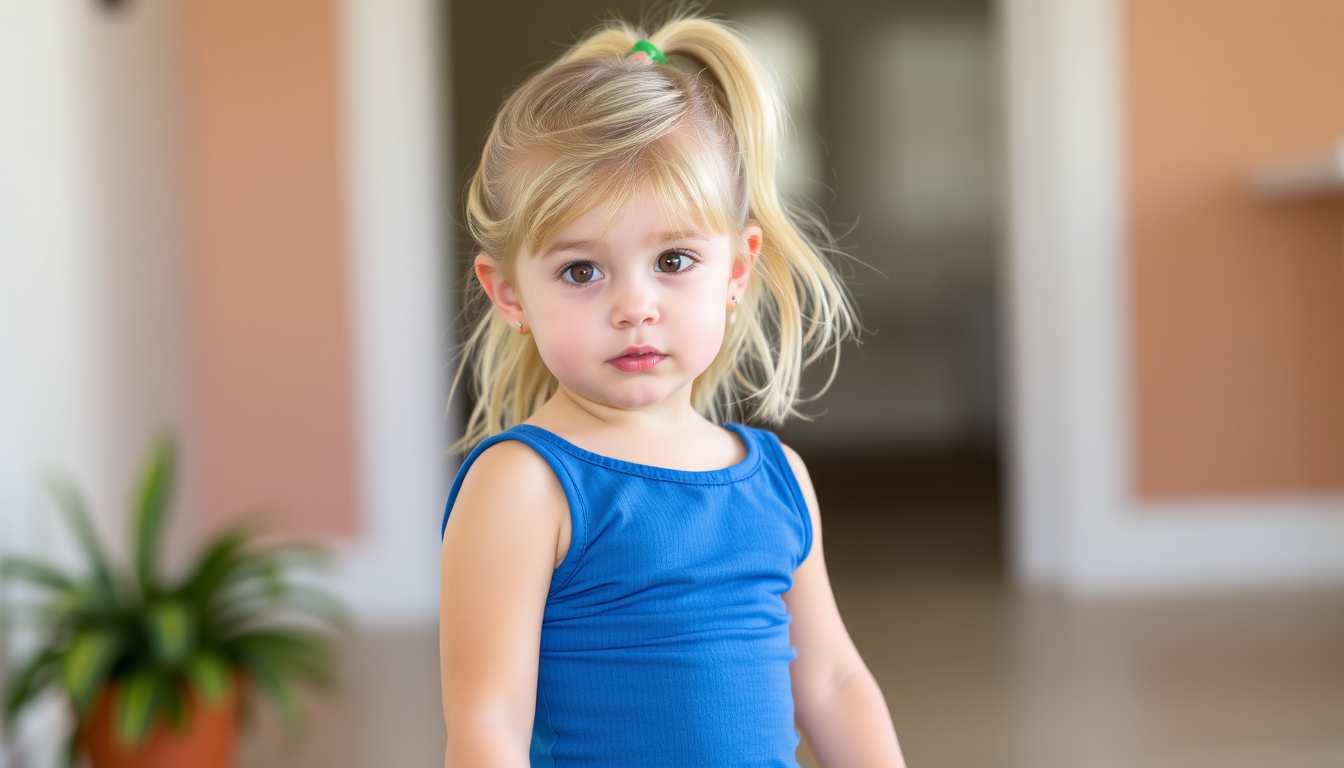 Main art studio: a 4 year old girl wearing a blue tang top and black skintight shorts, she has blondish hair pulled back into a ponytail. she has brown eyes and dimond