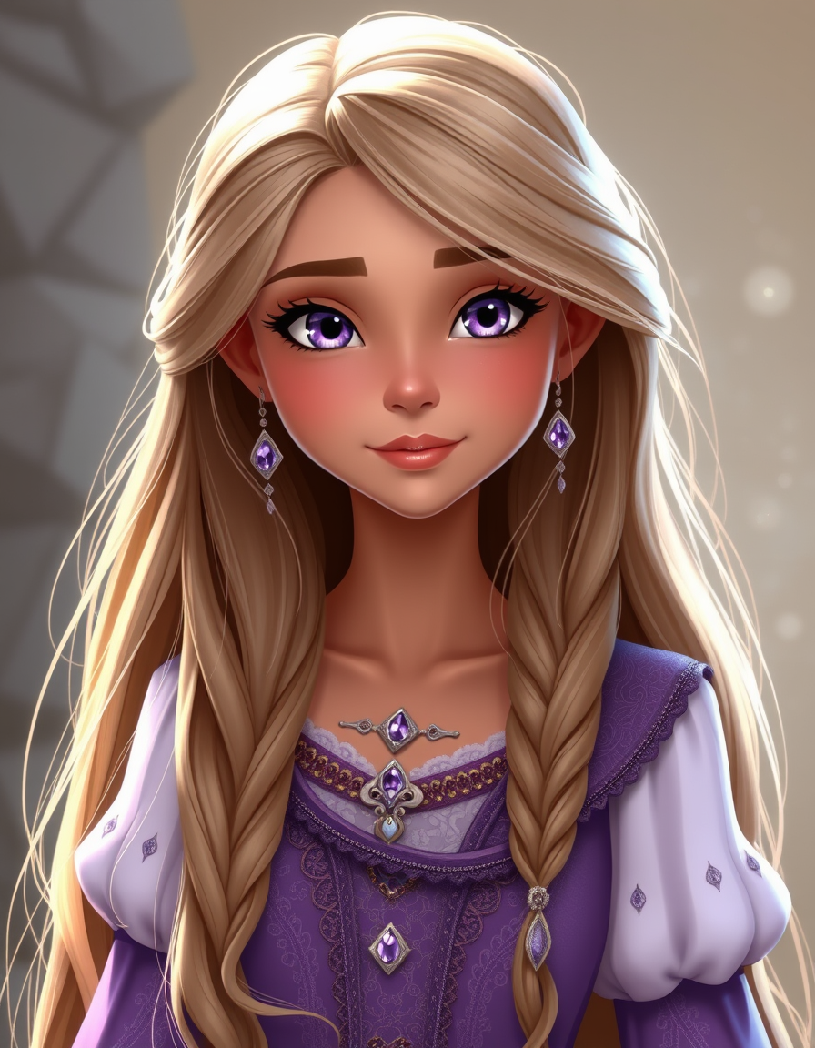 Main art studio: A 16-year-old fantasy princess from the kingdom of Everwyn. She has very long light-brown hair with delicate silver strands and violet eyes. She has a