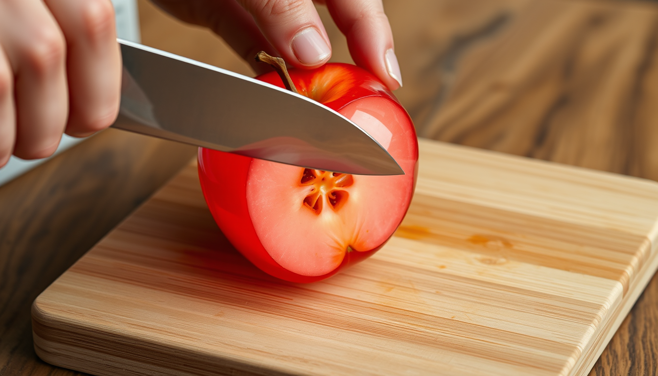 Main art studio: A close-up of a hand holding a knife slicing an apple that looks like transparent glass on a wooden board. An apple made of glass that is extremely re