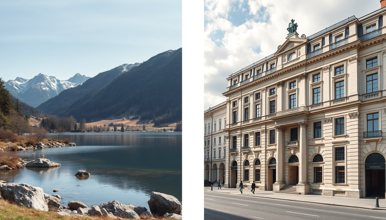 AI Art prompt example created from the prompt: 16:10, ultra-high-resolution, perfectly centered architectural composition. LEFT: pristine post-fossil Alpine landscape—calm mountain range,