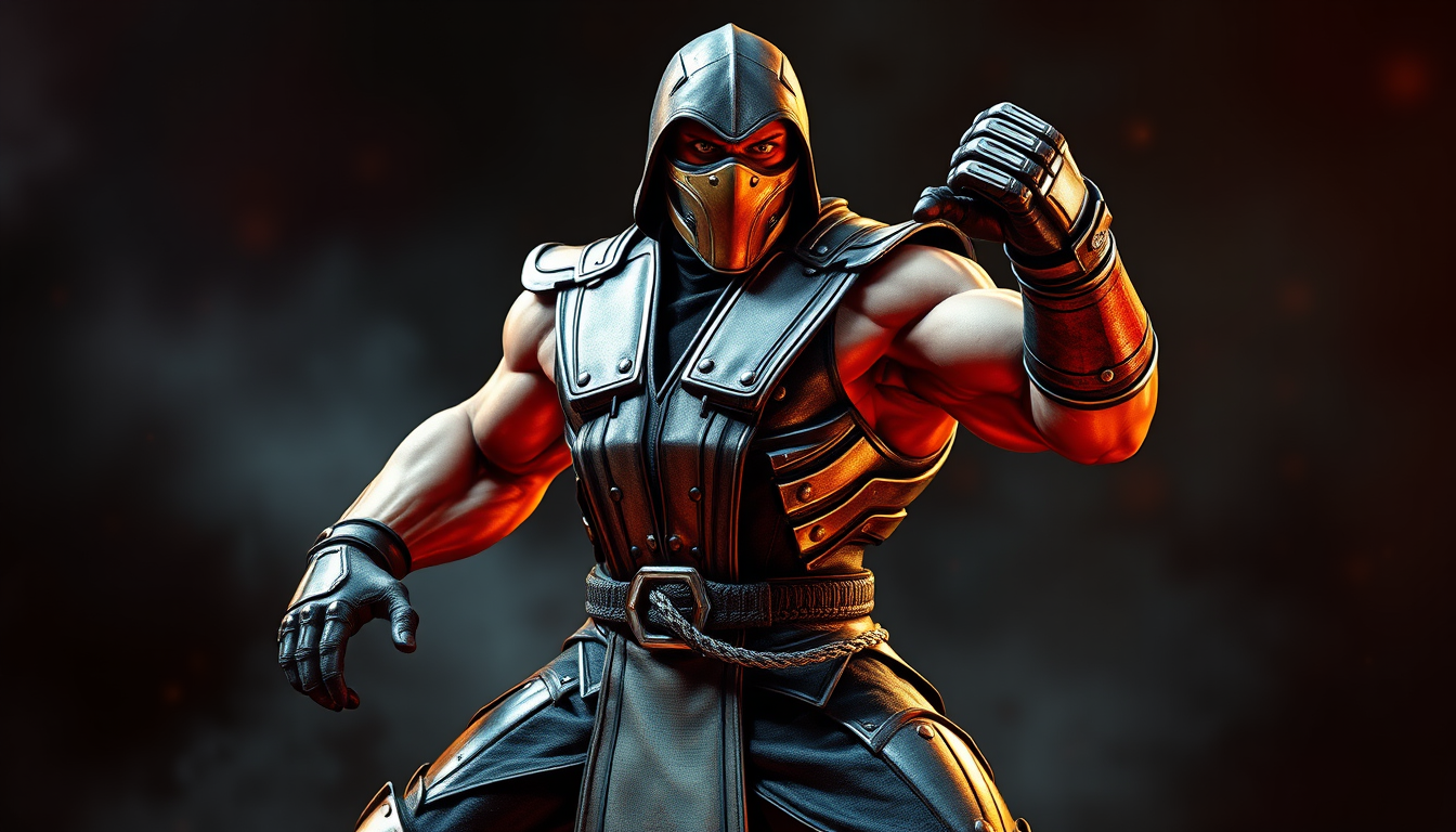 Main art studio: ase un personaje estilo mortal kombat que su piel sea de metal que sea grande y musculoso sin fondo sin armas y que sele bean completas las piernas