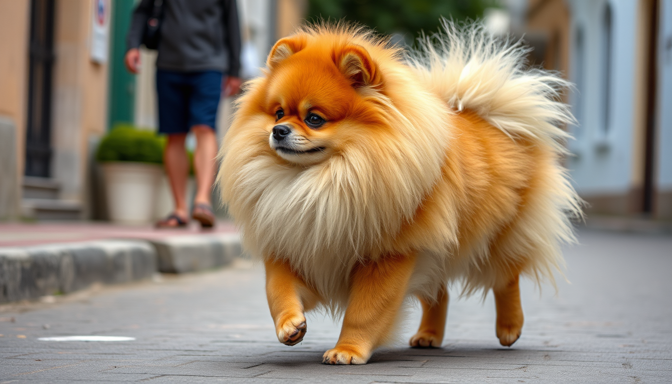 Main art studio: has una imagen de un perro pomerania caminando por la calle con una señora