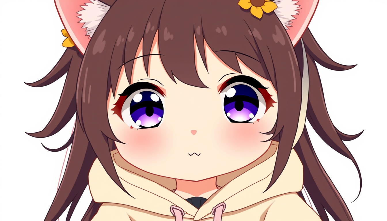 Anime idea: anime style, vibrant colors, expressive eyes, Cute original 2D anime cat girl named Aishu. Youthful gentle face, large expressive violet eyes, long da