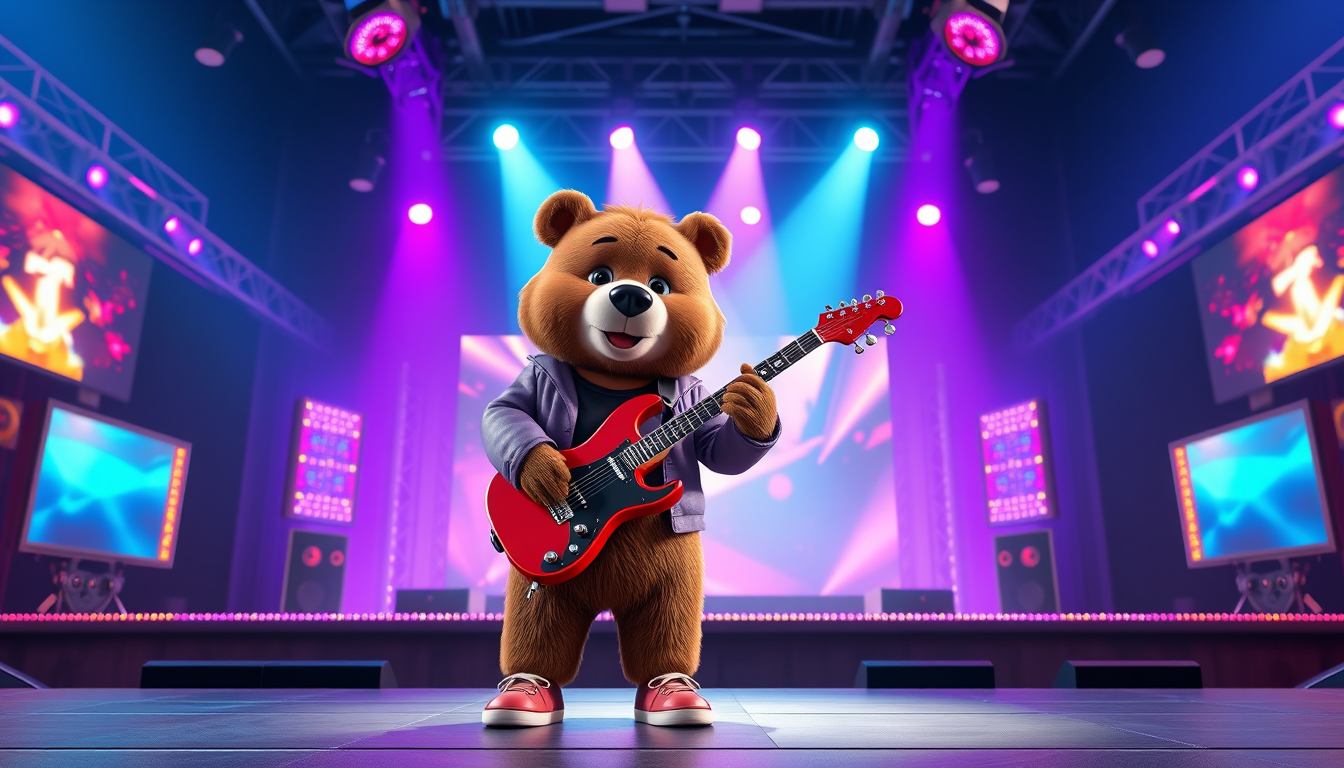 Main art studio: One single cute 3D cartoon brown bear rockstar, chubby body, purple jacket, black shirt, red sneakers, holding a red electric guitar. Standing alone o