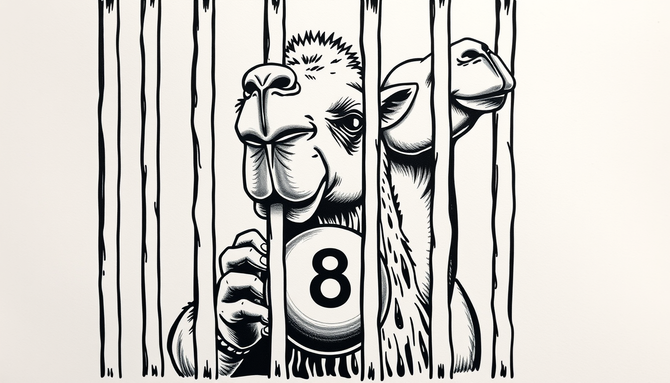 AI Art prompt example created from the prompt: Make a tattoo of the famous camel playing 8ball from the cigaret brand camels, and put him behind bars like he in prison, make it simple Bla