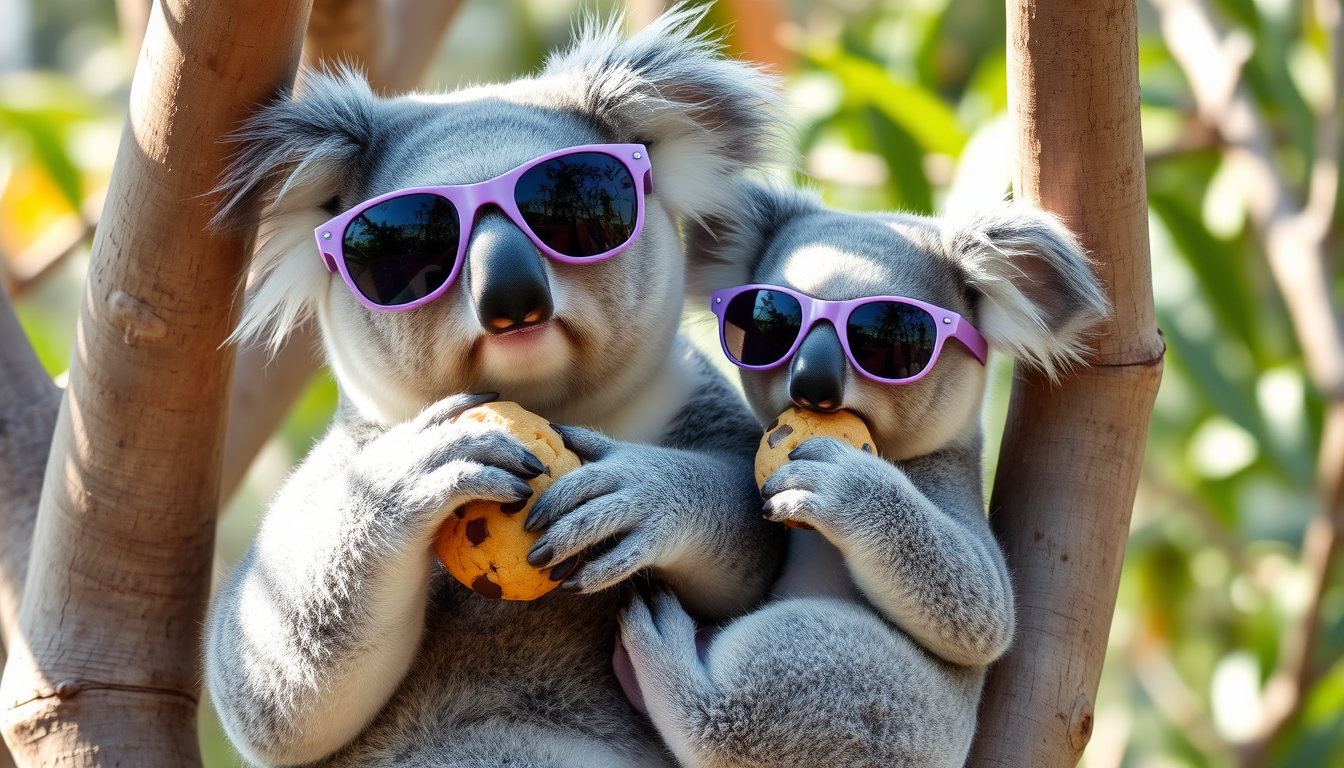 Main art studio: a koala with its baby on a tree. both of the koalas are wearing purple sunglasses, the baby has 2 pigtails. DO NOT FORGET THE PIGTAILS!!! they are eat